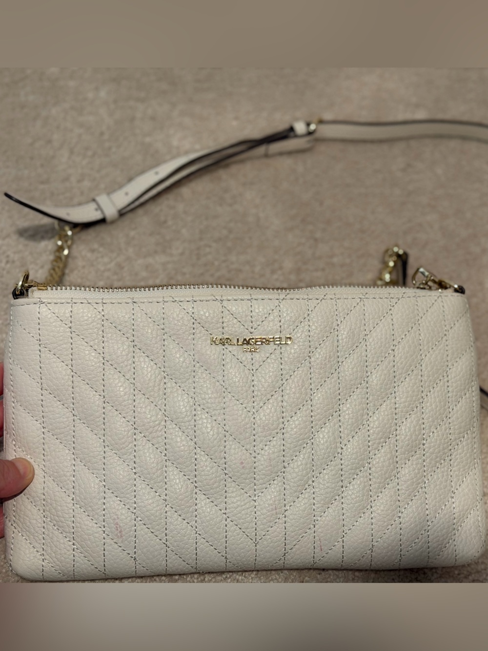 Karl Lagerfeld Quilted Leather Crossbody in Cream/white w Gold Hardware
